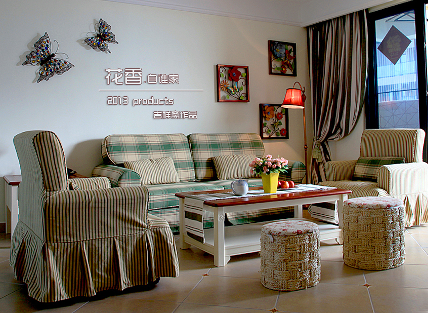 雍景灣120平米客廳沙發擺放及落地窗簾 – 設計本裝修效果圖